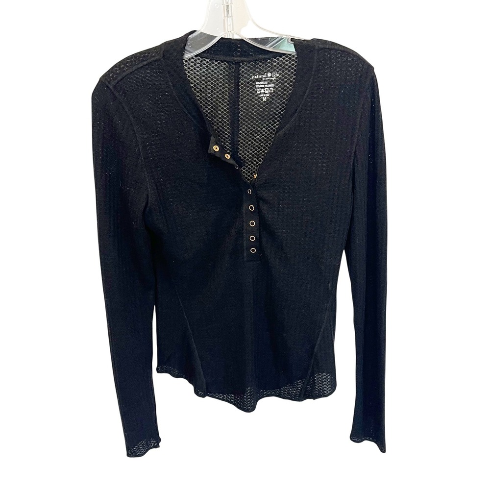 Natural Life Black Waffle Knit Henley Top Raglan Long Sleeve Snap Button MEDIUM